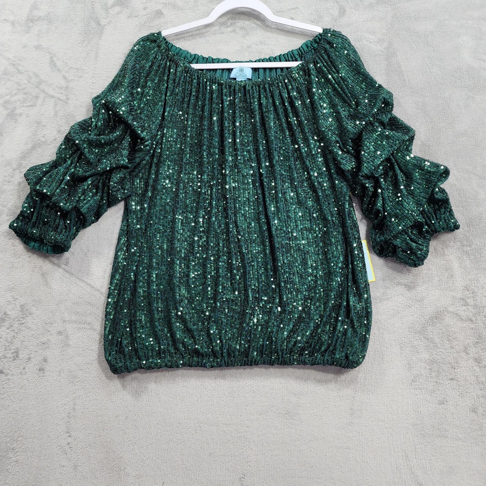 NEW CeCe Top Womens L Green Sequin Off Shoulder Ruffle 3/4 Sleeve Blouse Party